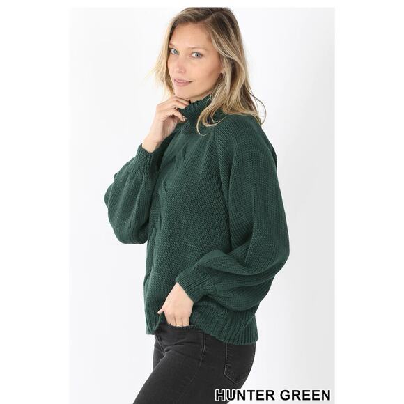Zenana Puff Sleeve Turtleneck Sweater-Hunter Green (Large) - Picture 1 of 3